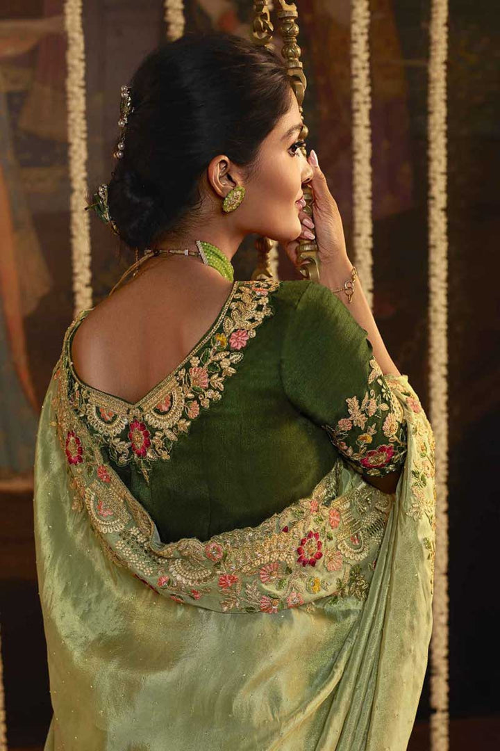 Function Wear Art Silk Fabric Olive Color Ingenious Embroidered Saree