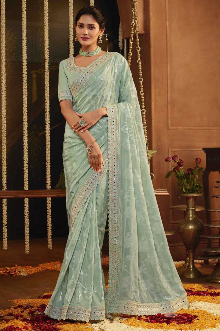Function Wear Art Silk Fabric Light Cyan Color Enticing Embroidered Saree