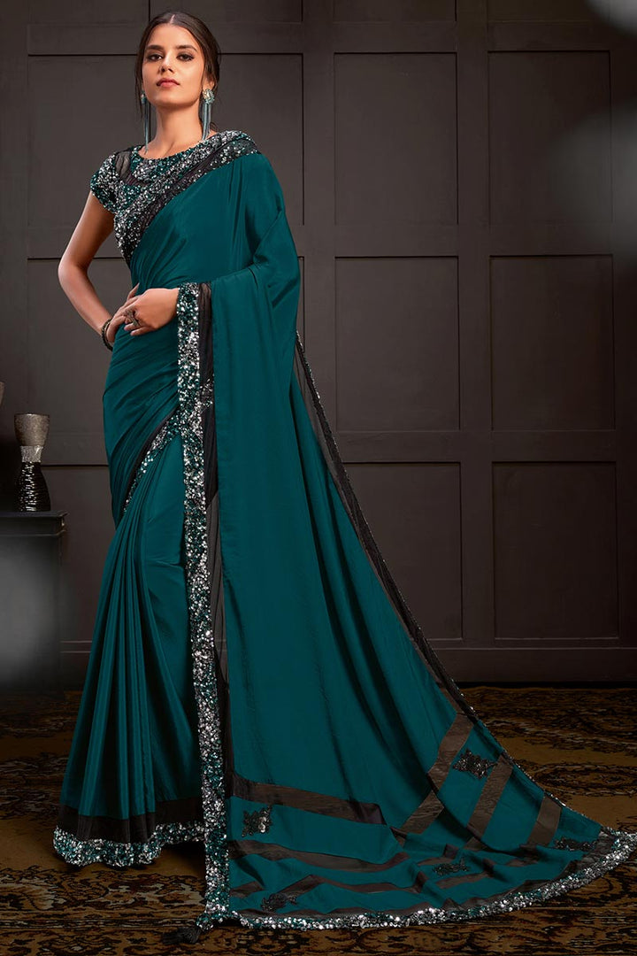 Sangeet Wear Teal Color Sequins Work Saree With Readymade Blouse