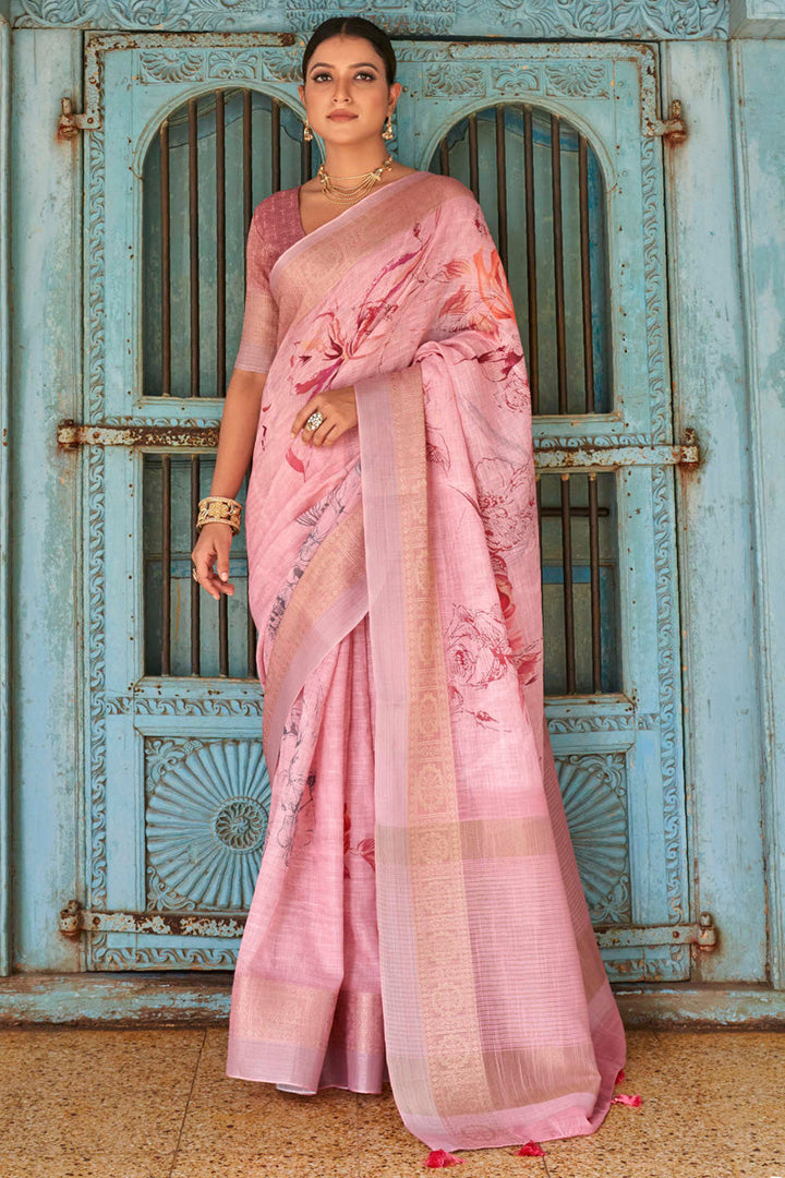 Pink Color Linen Fabric Digital Printed Glorious Saree