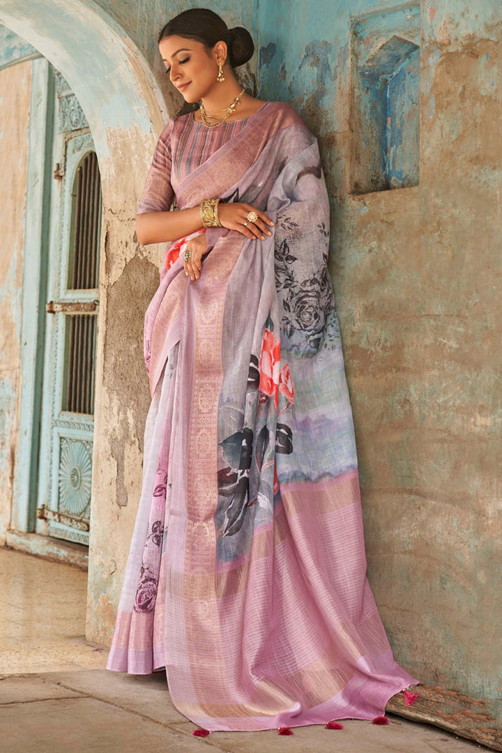 Linen Fabric Lavender Color Ingenious Digital Printed Saree
