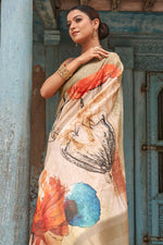 Load image into Gallery viewer, Beguiling Digital Printed On Cream Color Linen Fabric Saree
