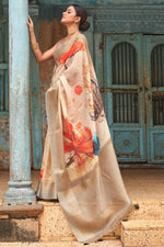 Load image into Gallery viewer, Beguiling Digital Printed On Cream Color Linen Fabric Saree
