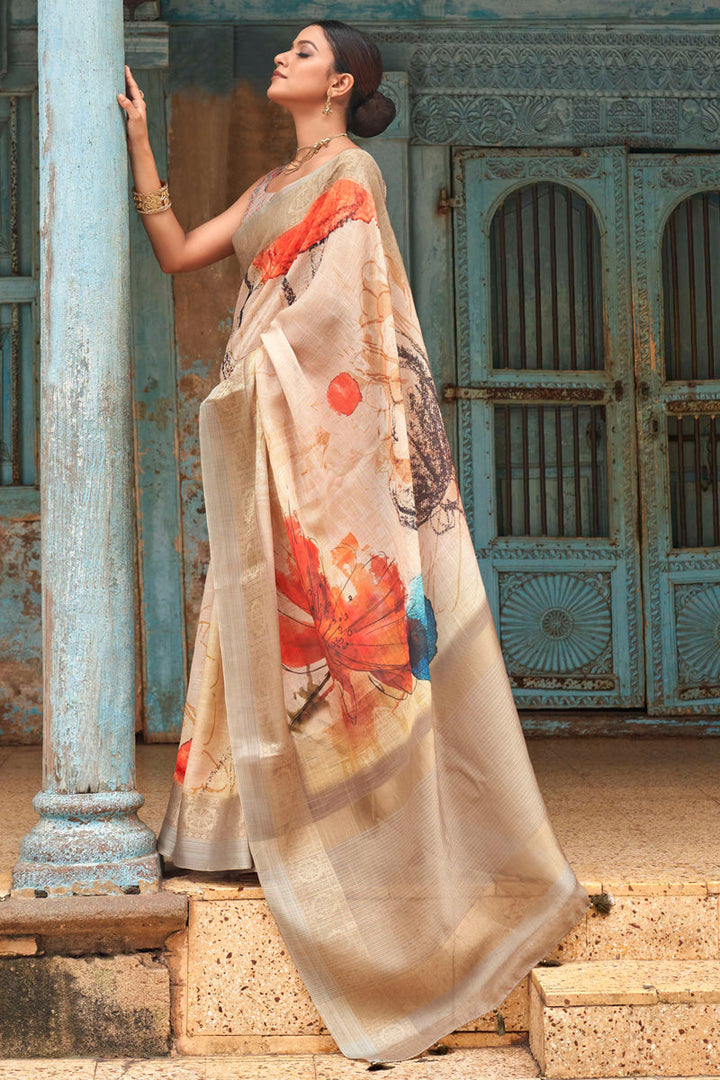 Beguiling Digital Printed On Cream Color Linen Fabric Saree