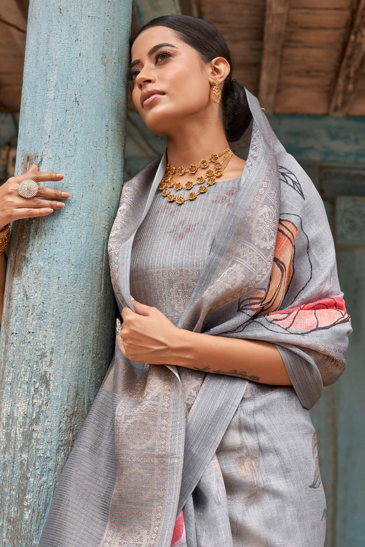 Tempting Linen Fabric Grey Color Digital Printed Saree