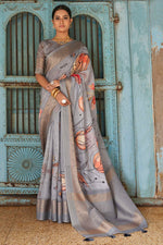 Load image into Gallery viewer, Tempting Linen Fabric Grey Color Digital Printed Saree
