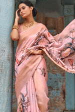 Load image into Gallery viewer, Linen Fabric Light Pink Color Awesome Digital Printed Saree
