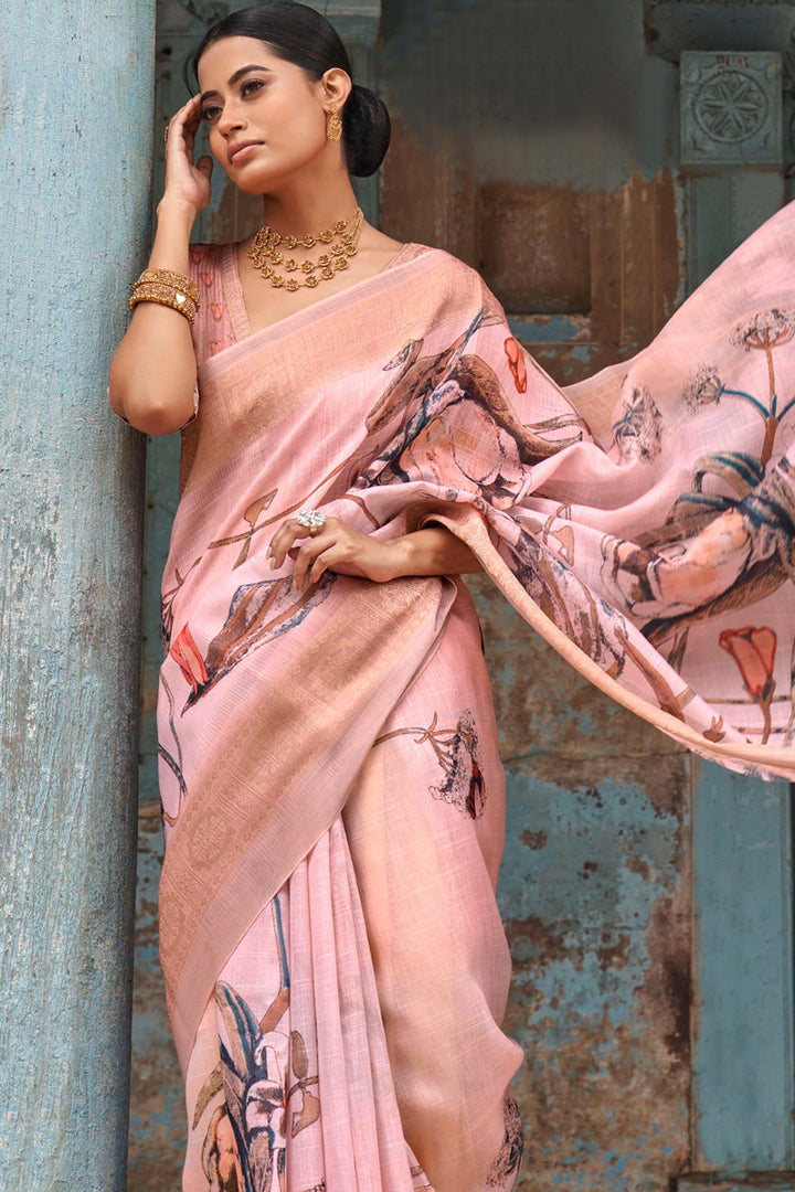 Linen Fabric Light Pink Color Awesome Digital Printed Saree