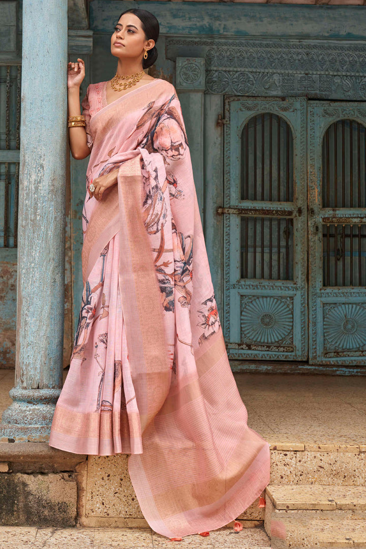 Linen Fabric Light Pink Color Awesome Digital Printed Saree