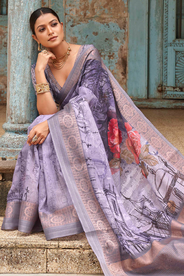 Appealing Purple Color Linen Fabric Digital Printed Saree