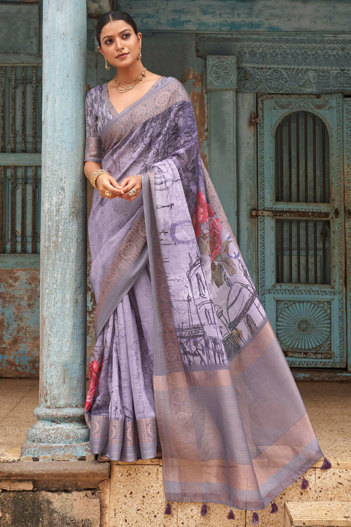 Appealing Purple Color Linen Fabric Digital Printed Saree