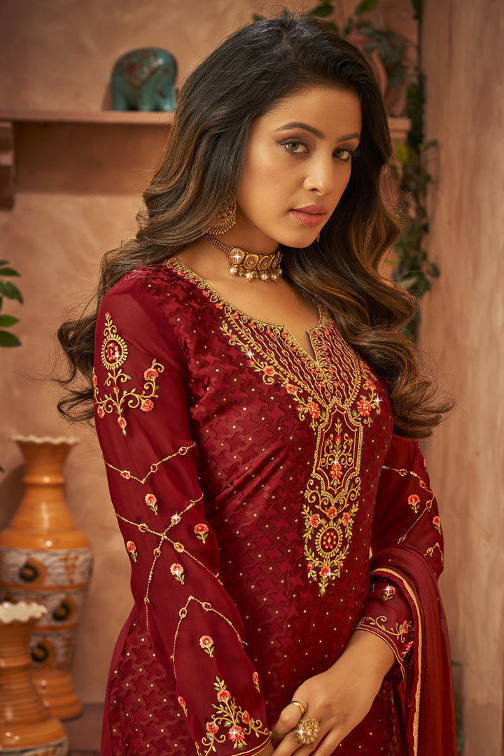 Brasso Fabric Maroon Color Festive Wear Elegant Palazzo Suit