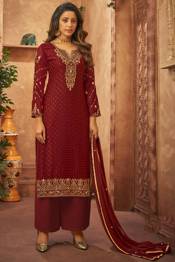 Brasso Fabric Maroon Color Festive Wear Elegant Palazzo Suit