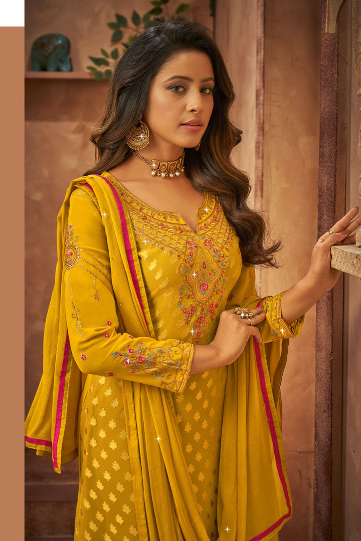 Yellow Color Brasso Fabric Festive Wear Classic Palazzo Suit