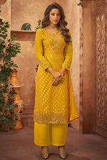 Load image into Gallery viewer, Yellow Color Brasso Fabric Festive Wear Classic Palazzo Suit
