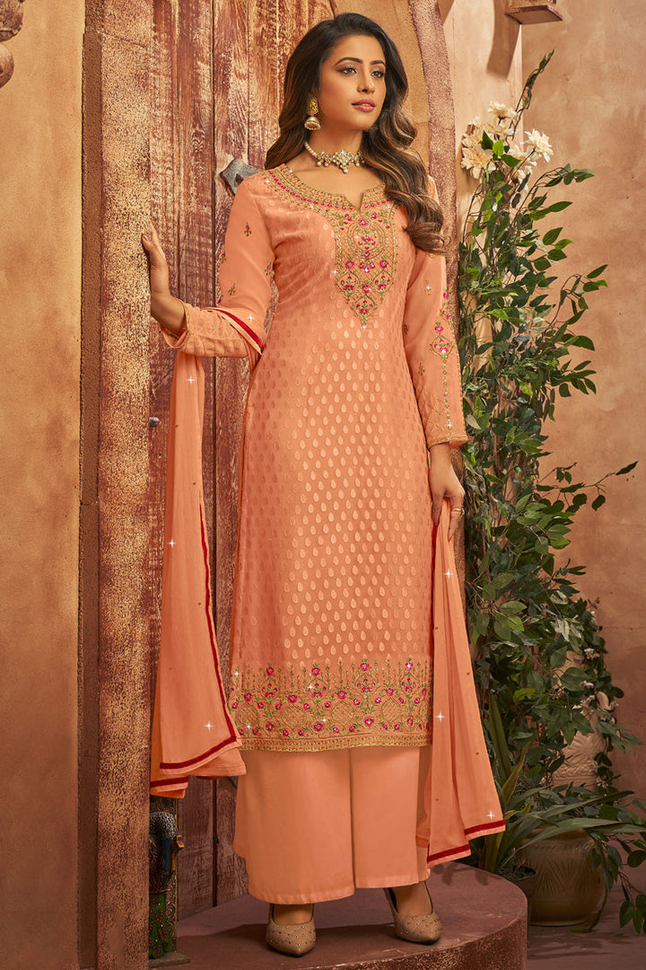 Brasso Fabric Festive Wear Lovely Palazzo Suit In Peach Color