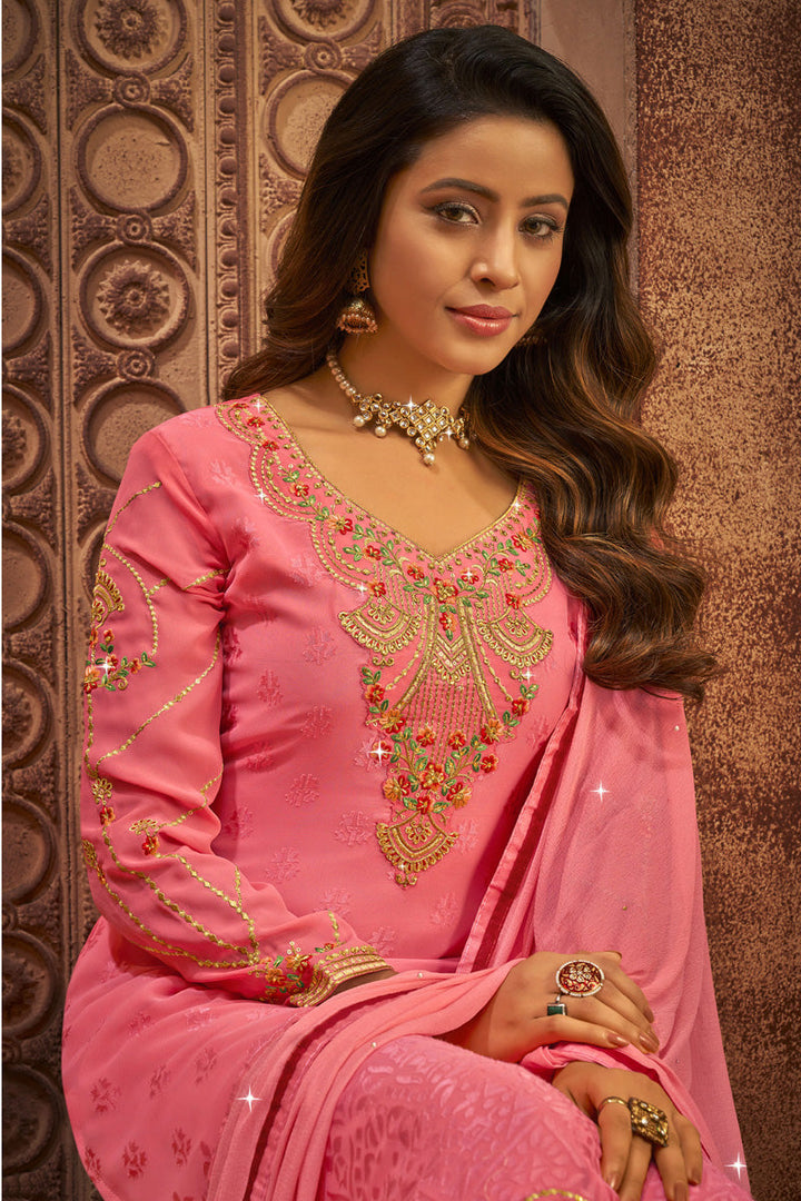 Festive Wear Pink Color Fabulous Palazzo Suit In Brasso Fabric