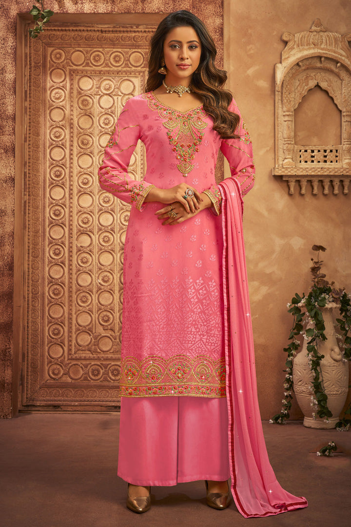 Festive Wear Pink Color Fabulous Palazzo Suit In Brasso Fabric