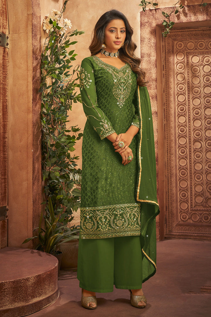 Green Color Brasso Fabric Alluring Festive Wear Palazzo Suit