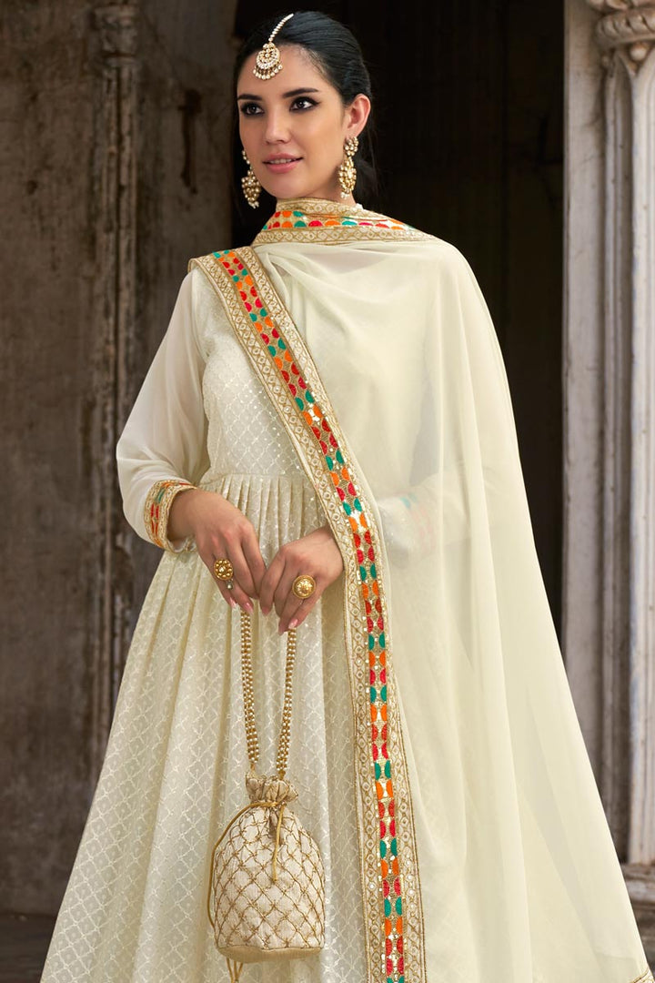 White Color Embroidered Designs On Georgette Fabric Sangeet Wear Intriguing Anarkali Suit