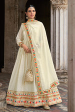 Load image into Gallery viewer, White Color Embroidered Designs On Georgette Fabric Sangeet Wear Intriguing Anarkali Suit
