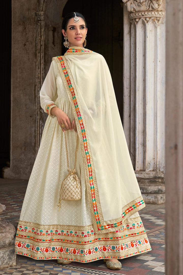 White Color Embroidered Designs On Georgette Fabric Sangeet Wear Intriguing Anarkali Suit