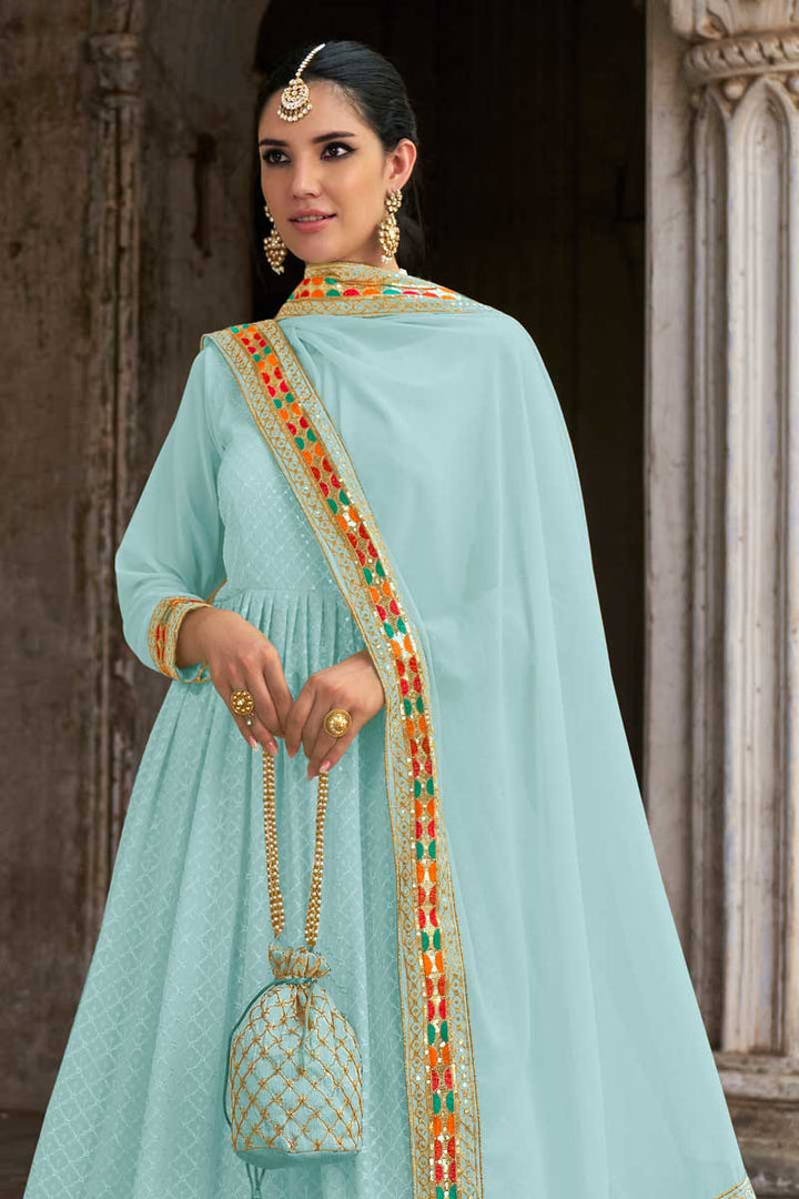 Cyan Color Georgette Fabric Elegant Embroidered Anarkali Suit