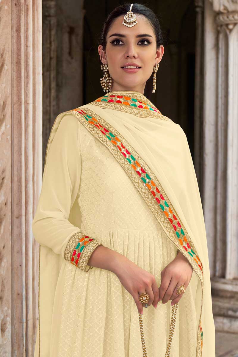 Cream Color Embellished Embroidered Anarkali Suit In Georgette Fabric