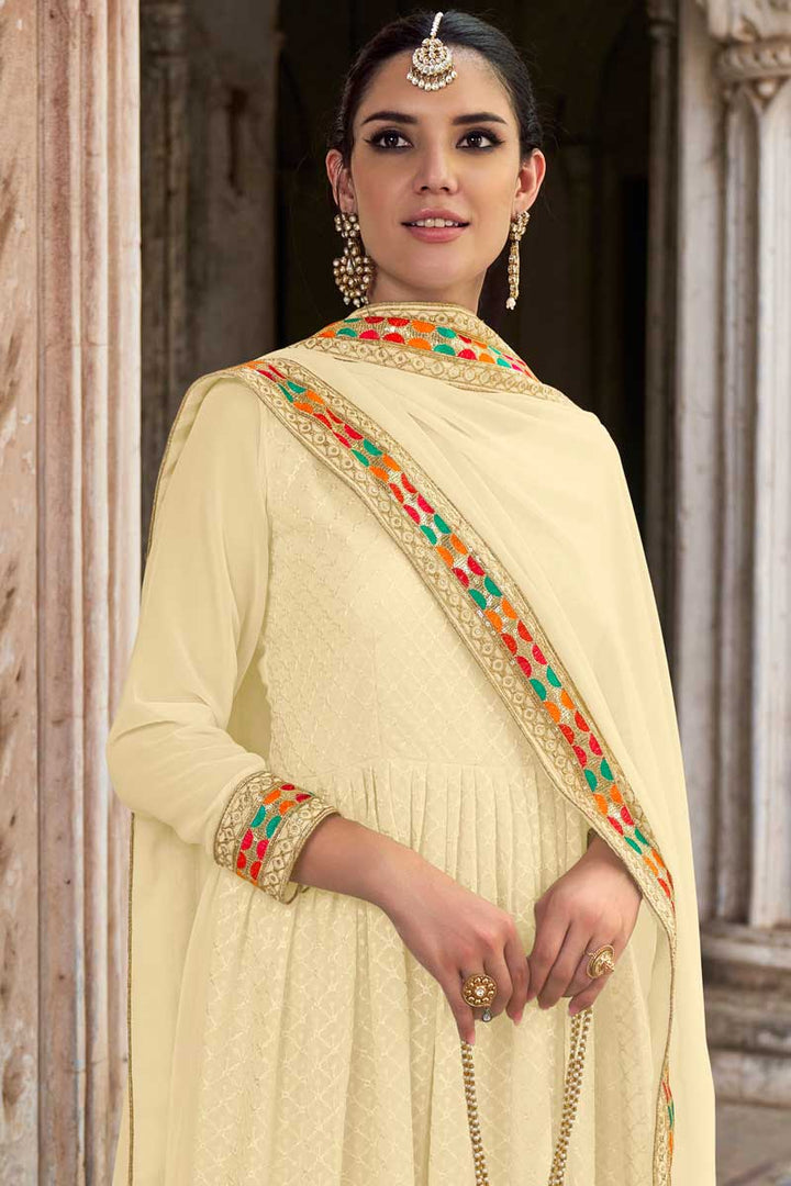 Cream Color Embellished Embroidered Anarkali Suit In Georgette Fabric