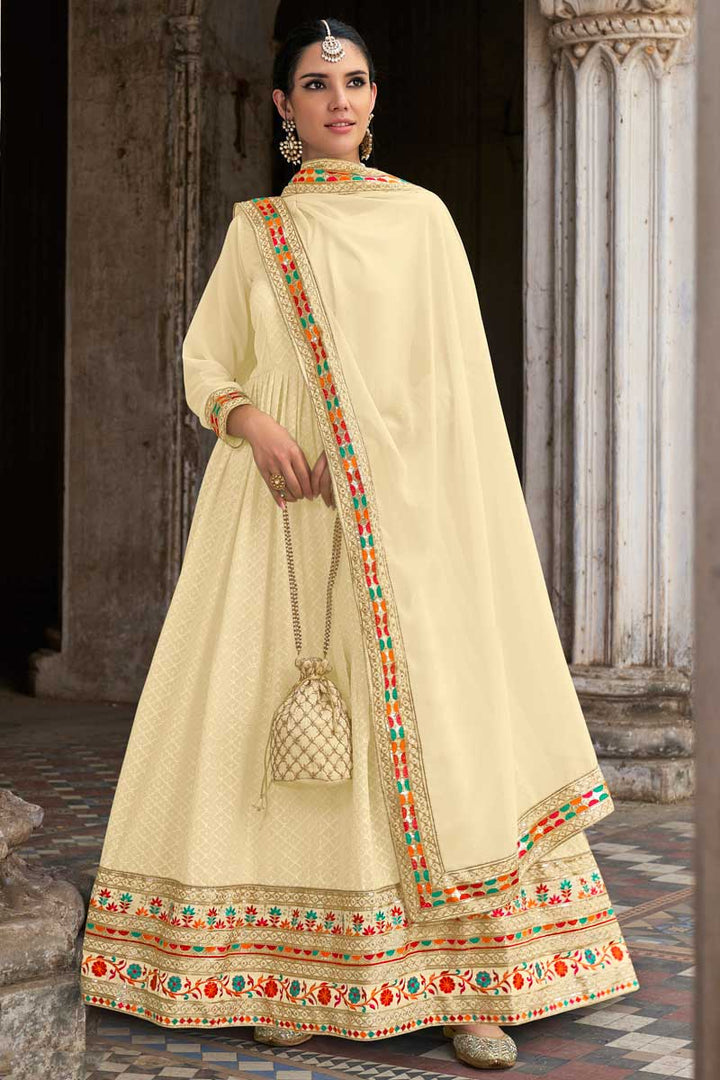 Cream Color Embellished Embroidered Anarkali Suit In Georgette Fabric