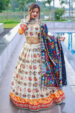 Off White Cotton Patola Printed Lehenga