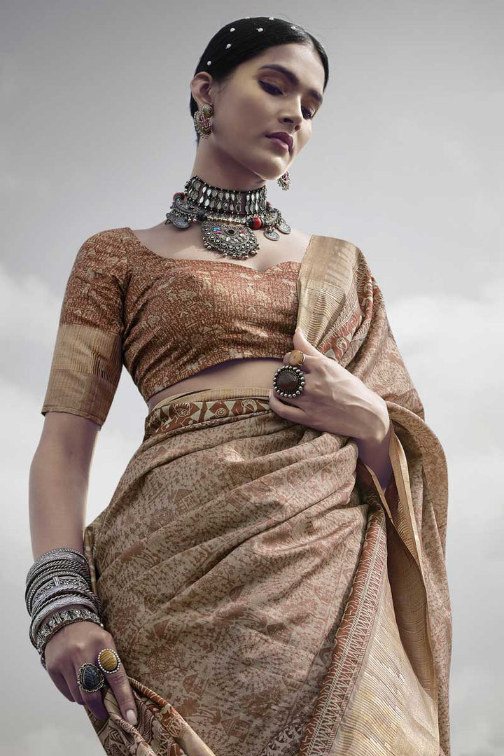 Art Silk Fabric Festive Look Stylish Printed Saree In Beige Color