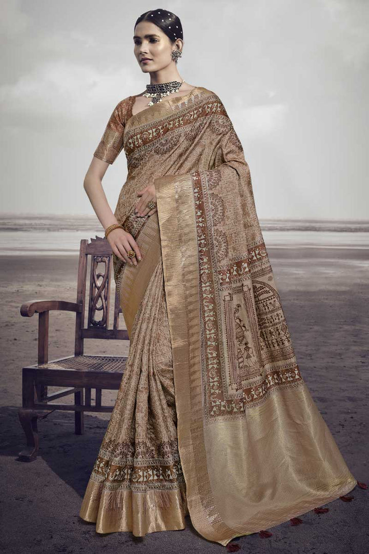 Art Silk Fabric Festive Look Stylish Printed Saree In Beige Color