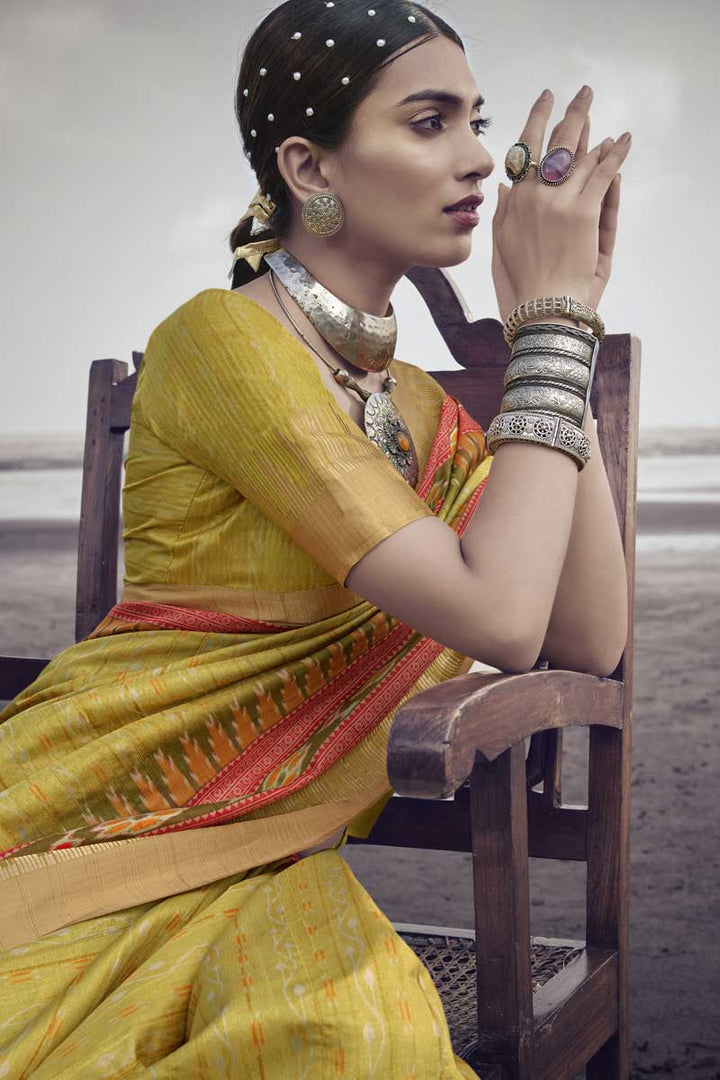Art Silk Fabric Yellow Color Festive Look Solid Printed Saree