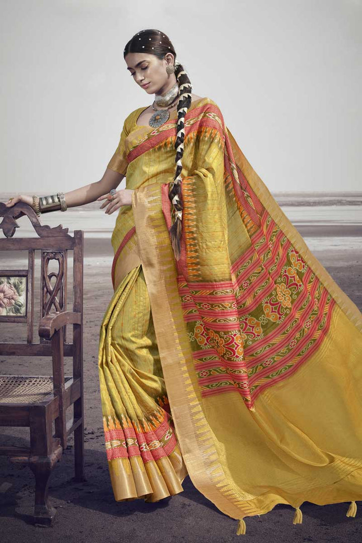 Art Silk Fabric Yellow Color Festive Look Solid Printed Saree