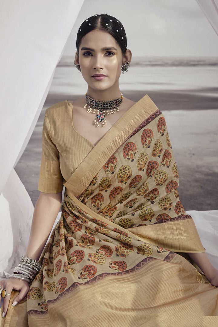 Festive Wear Art Silk Fabric Radiant Cream Color Printed Saree