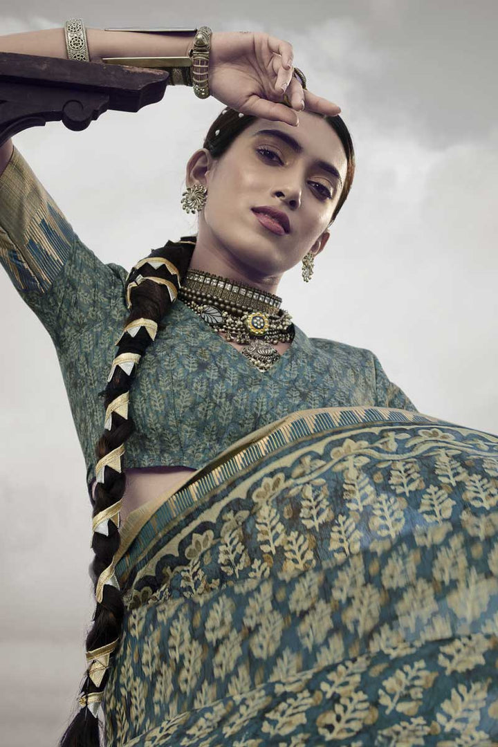 Teal Color Art Silk Fabric Festive Look Fetching Printed Saree
