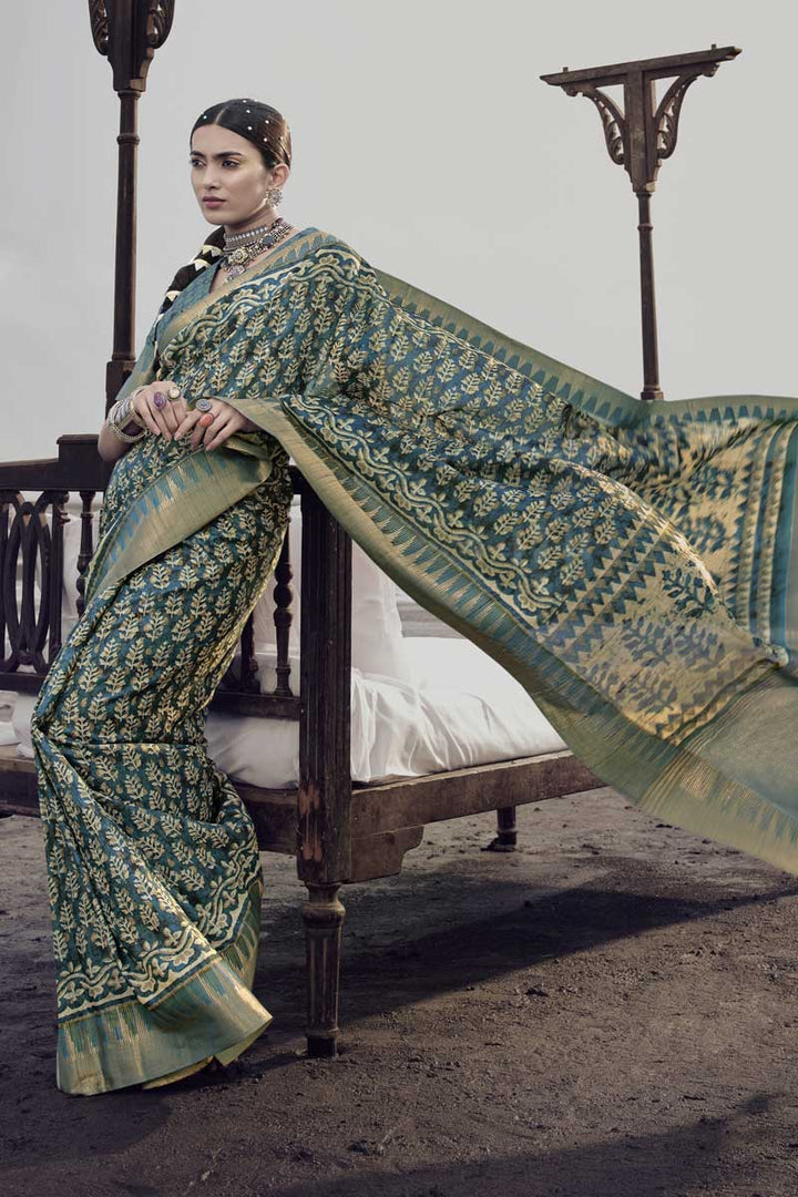 Teal Color Art Silk Fabric Festive Look Fetching Printed Saree
