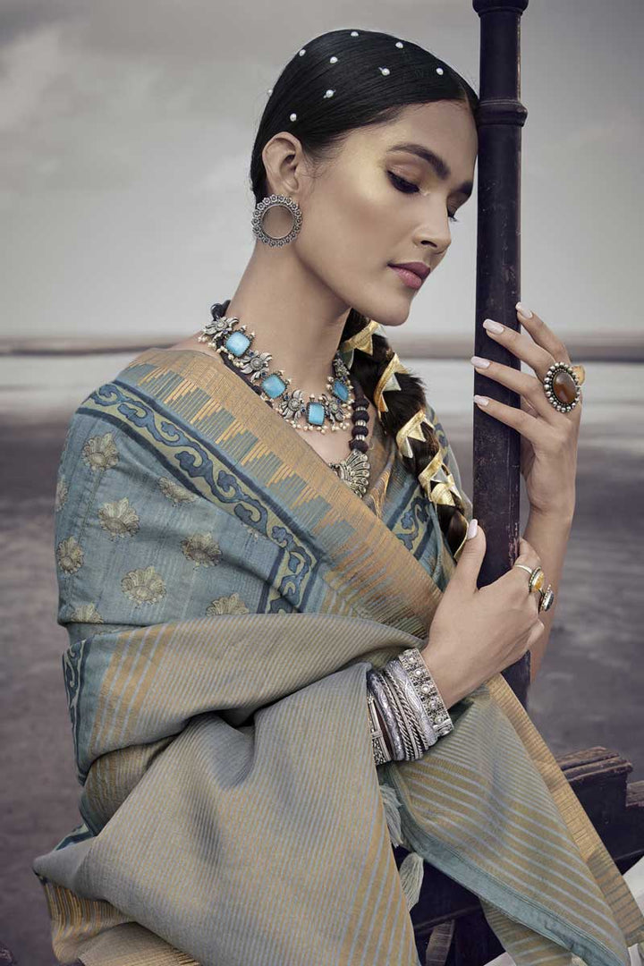 Festive Wear Art Silk Fabric Grey Color Engaging Printed Saree
