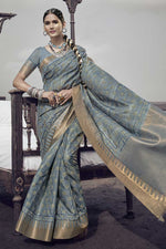 Load image into Gallery viewer, Festive Wear Art Silk Fabric Grey Color Engaging Printed Saree
