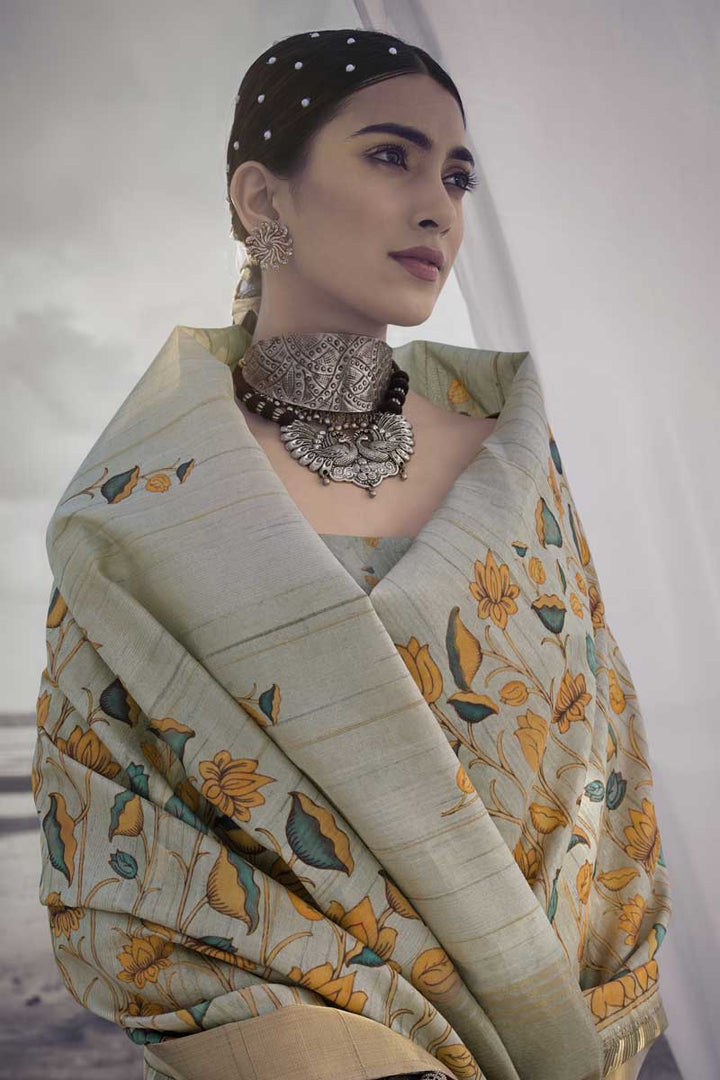 Art Silk Fabric Cream Color Festive Look Riveting Printed Saree