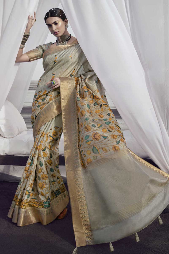 Art Silk Fabric Cream Color Festive Look Riveting Printed Saree