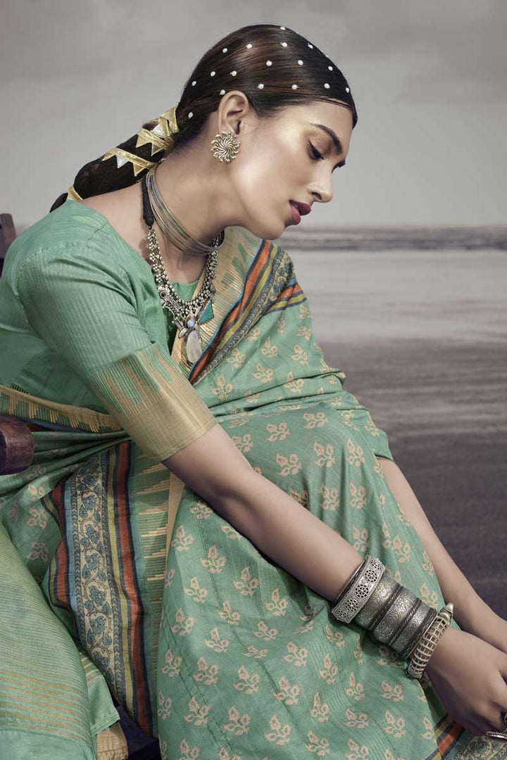 Sea Green Color Art Silk Fabric Festive Look Divine Printed Saree