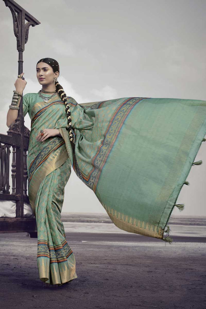 Sea Green Color Art Silk Fabric Festive Look Divine Printed Saree