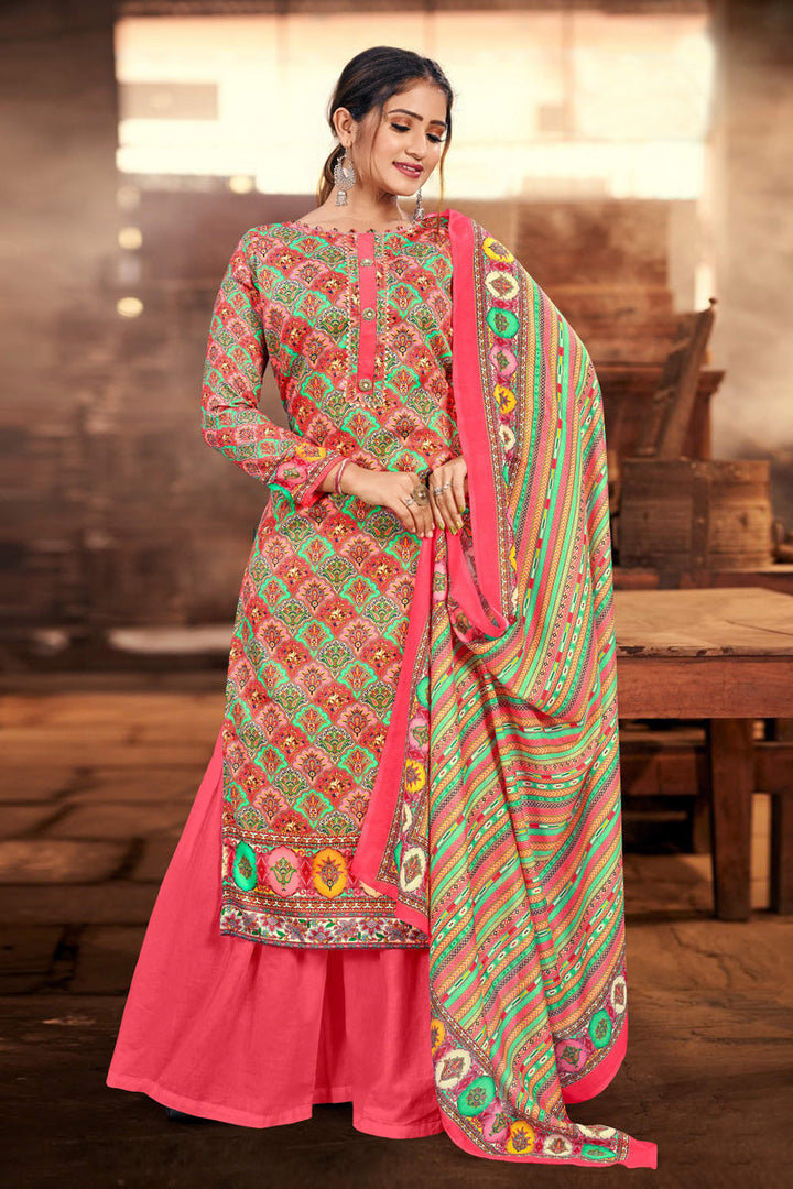 Pink Color Cotton Fabric Casual Look Tempting Palazzo Suit