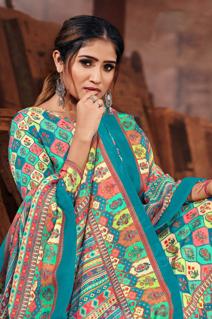 Cyan Color Cotton Fabric Casual Look Awesome Palazzo Suit