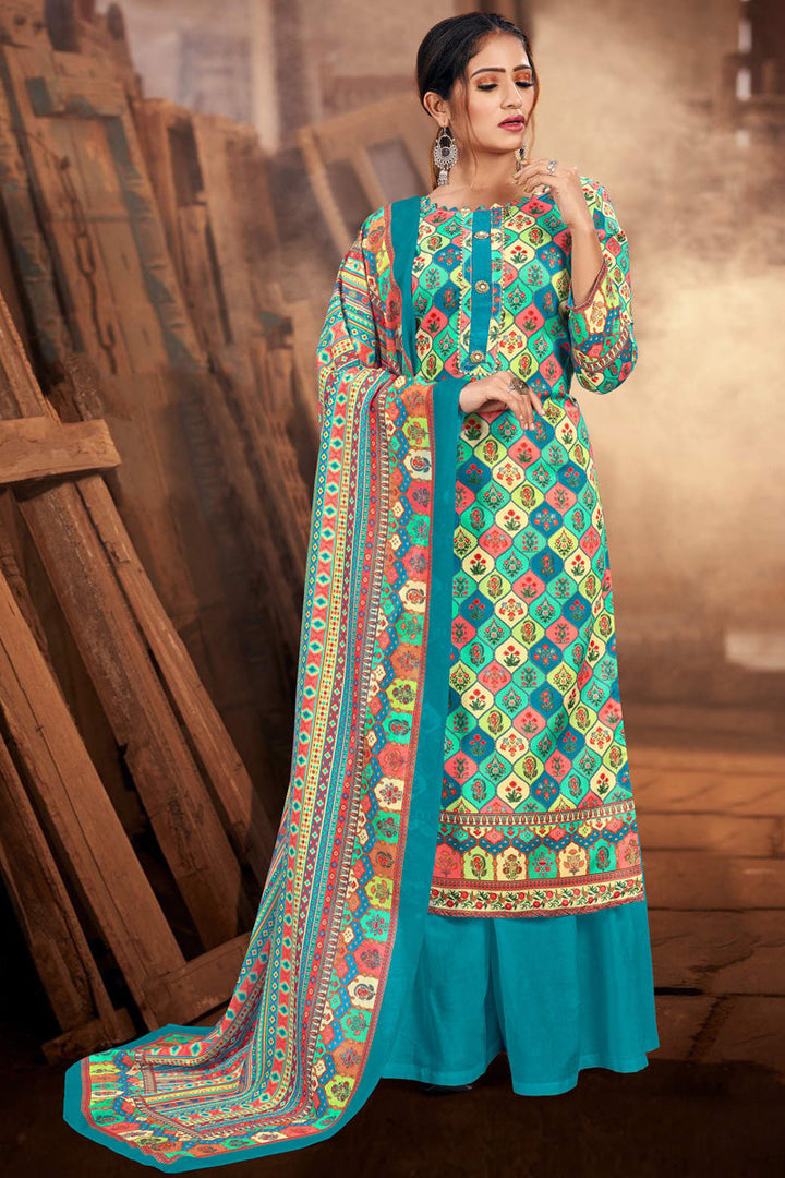 Cyan Color Cotton Fabric Casual Look Awesome Palazzo Suit
