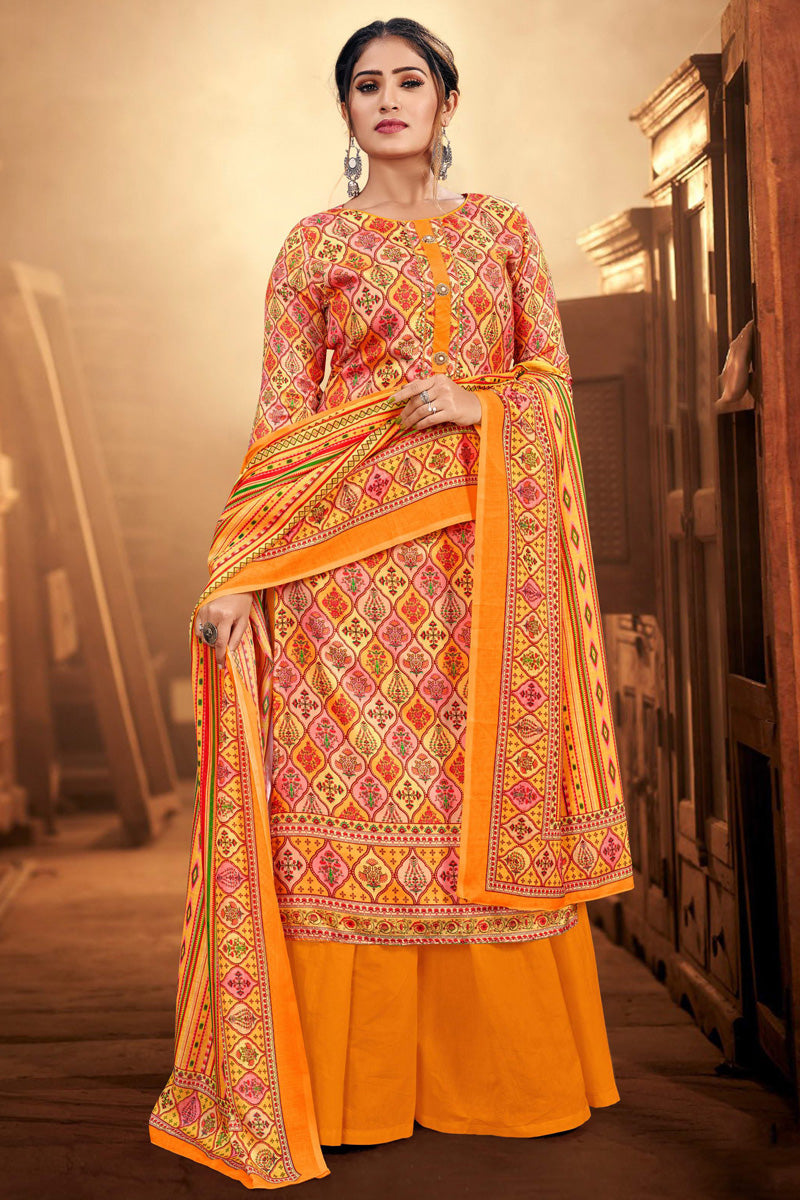 Cotton Fabric Casual Look Beatific Palazzo Suit In Orange Color
