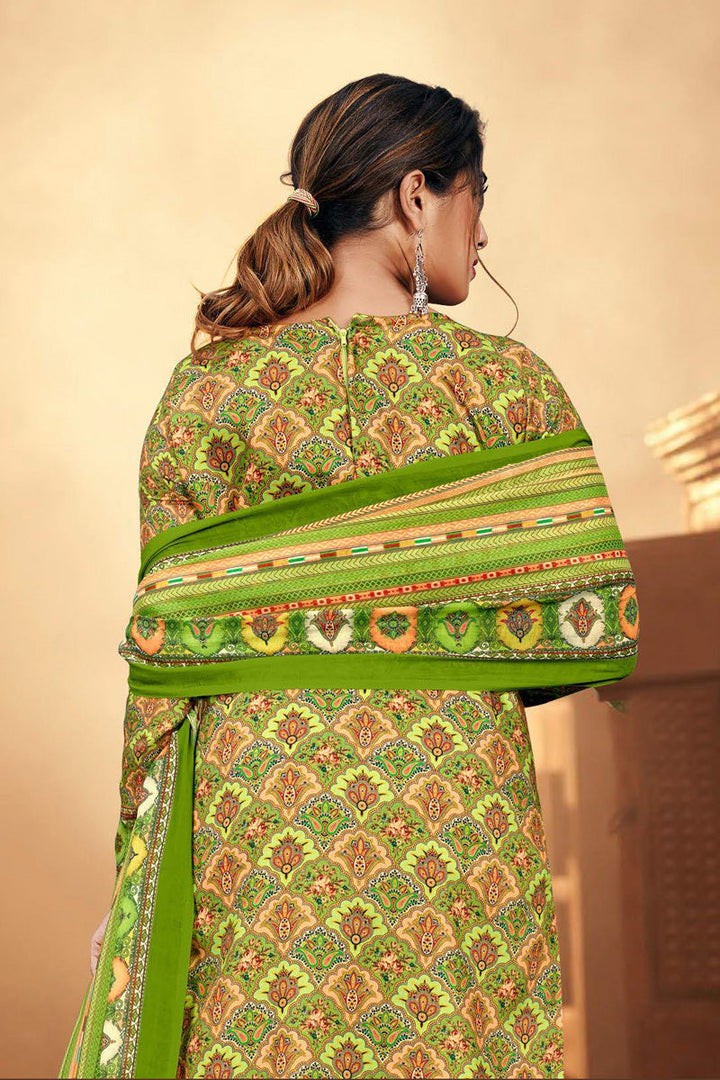Casual Look Green Color Inventive Palazzo Suit In Cotton Fabric