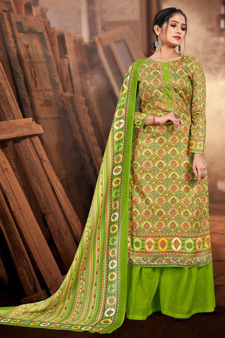 Casual Look Green Color Inventive Palazzo Suit In Cotton Fabric